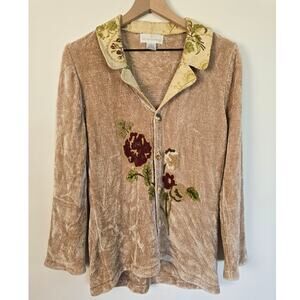Soft Surroundings Chenille Floral Embroidered Sweater Top Beige Sz M